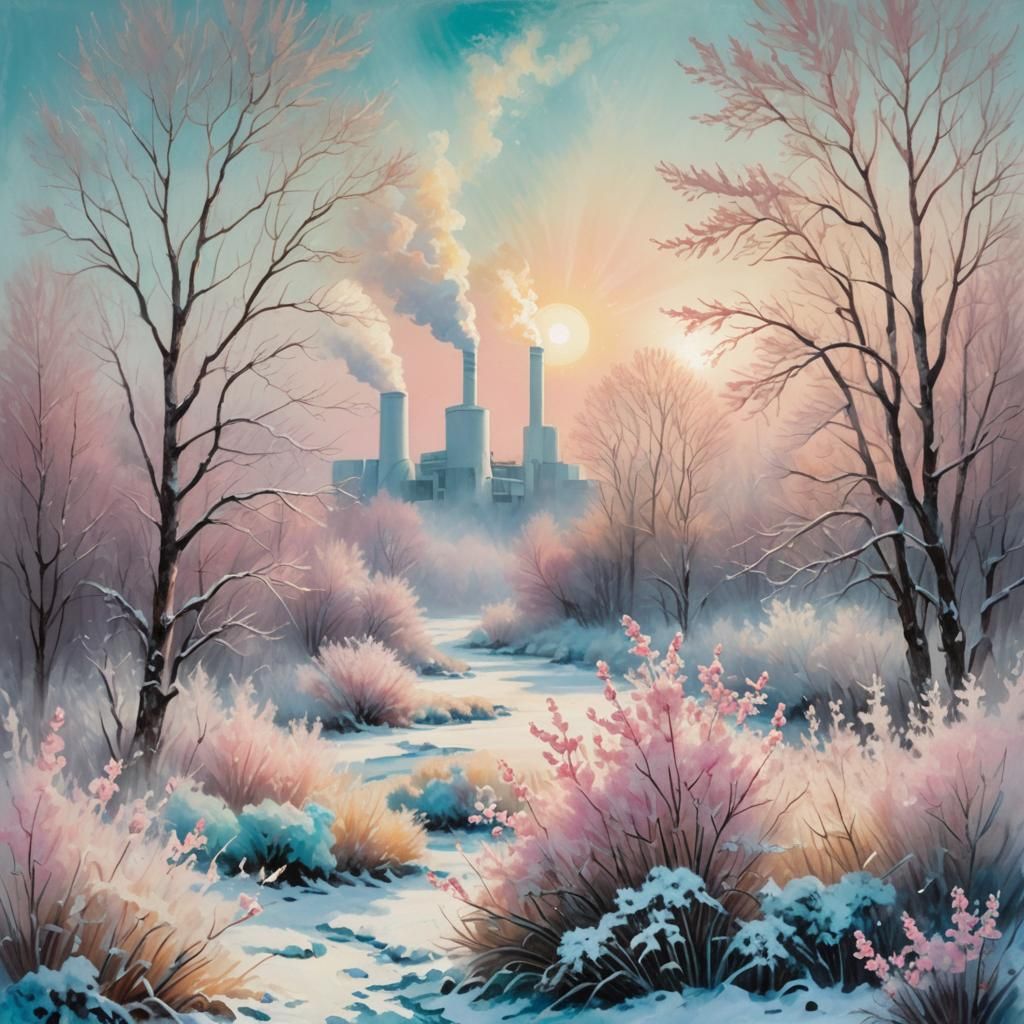 Misty Snowy Landscape with Pink Flowers in Pastel Hues