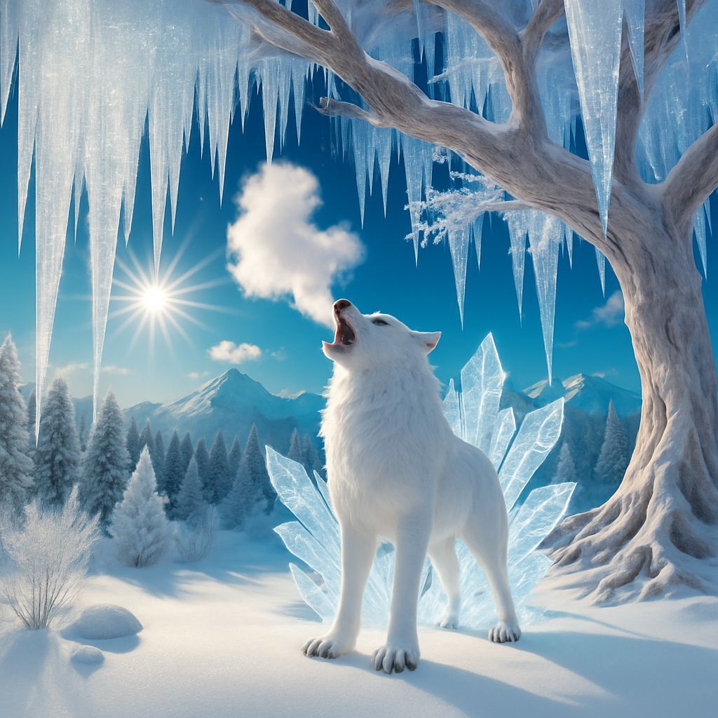 Icy Tree with Wolf in Bright Sunlight