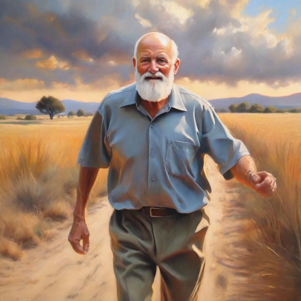 Bald Man Running to Jesus in Divine Landscape