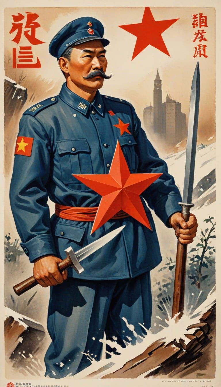 Vintage Socialist Realism Propaganda with Soviet Symbols