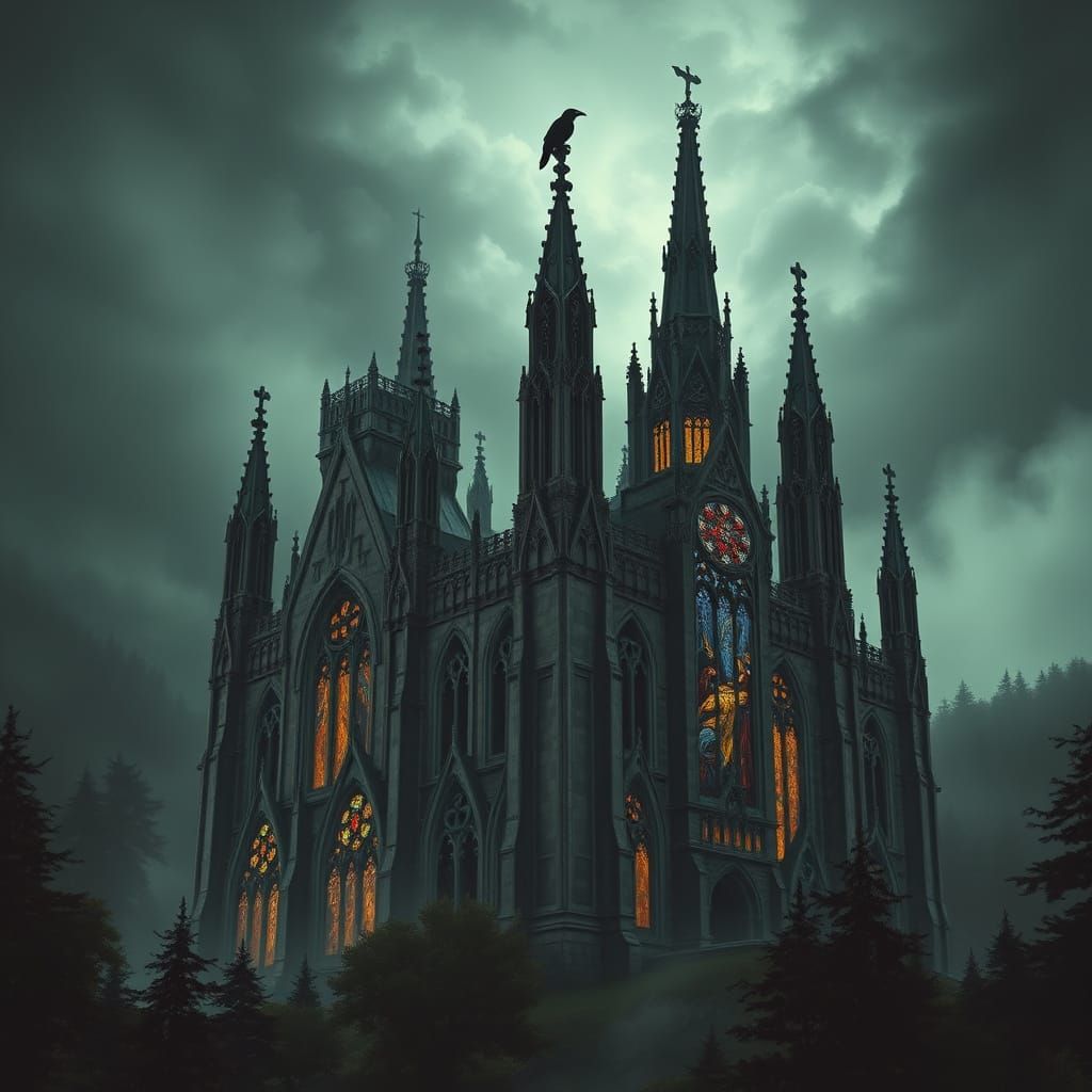 Gothic Cathedral in Mist-Shrouded Forest, Dark Fantasy