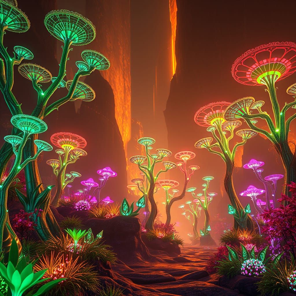 Surreal Futuristic Cityscape with Glowing Plants and Trees