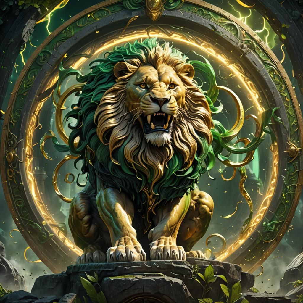 Roaring Lion with Intertwined Rings in Dark Fantasy Style