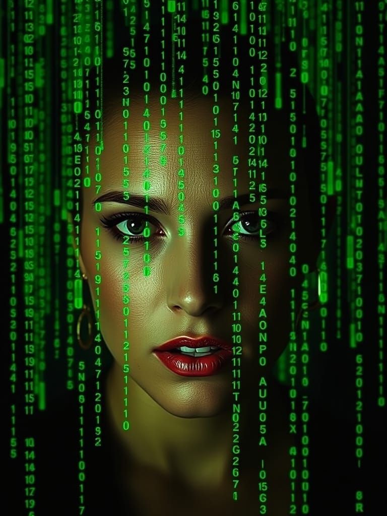 Cyberpunk Woman in Neon Matrix Code