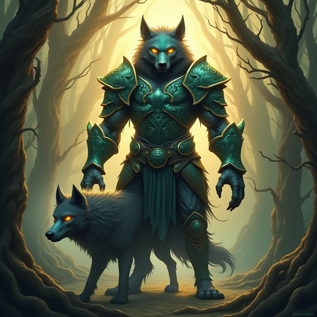 Majestic Demon Wolf Warrior in Mystical Forest