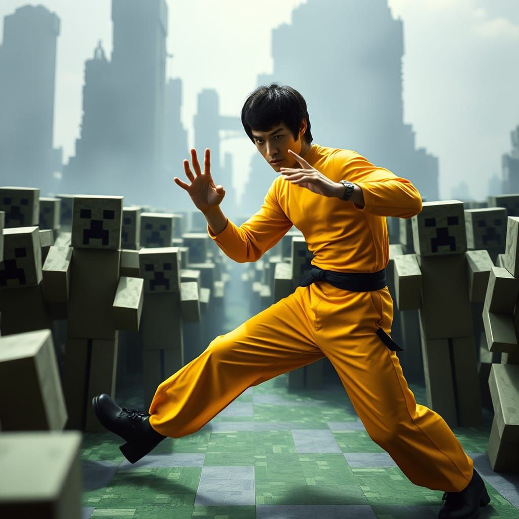 Bruce Lee vs Minecraft Creepers: Blocky Film Still