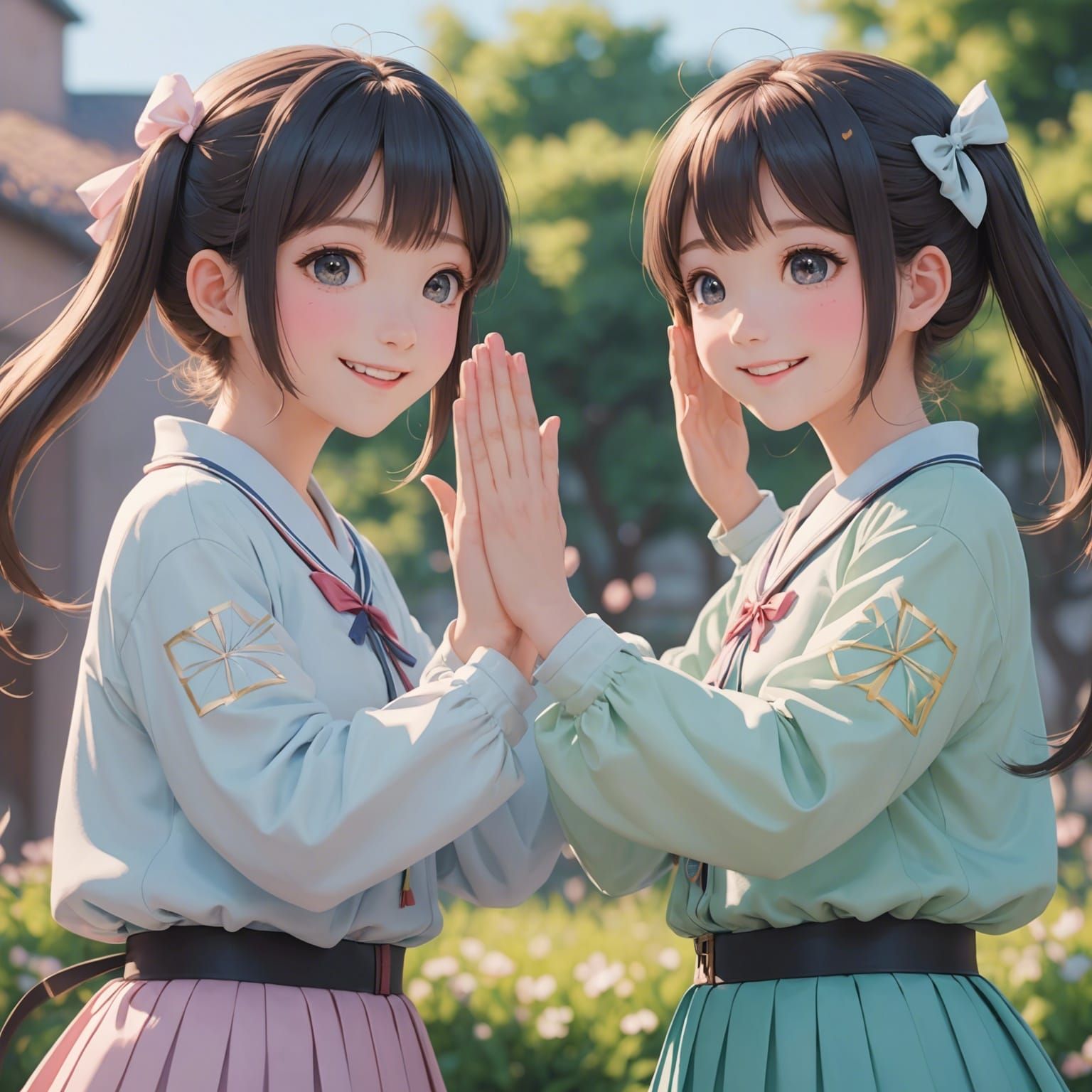 Two beautiful pastel joyous happy anime girls doing a high five