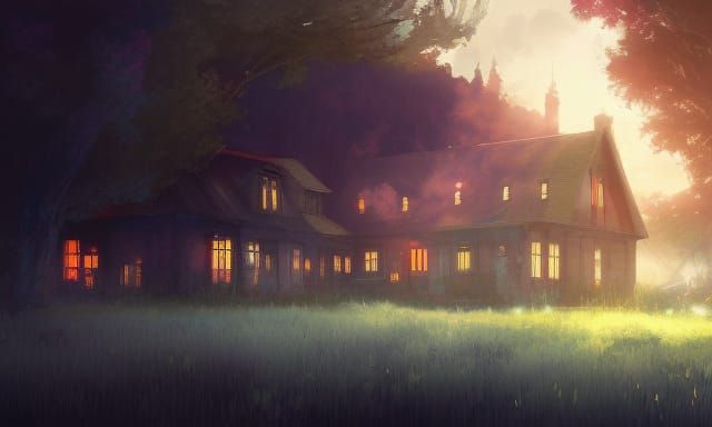 Colorful Farmhouse in Cultivated Fields: Digital Illustratio...