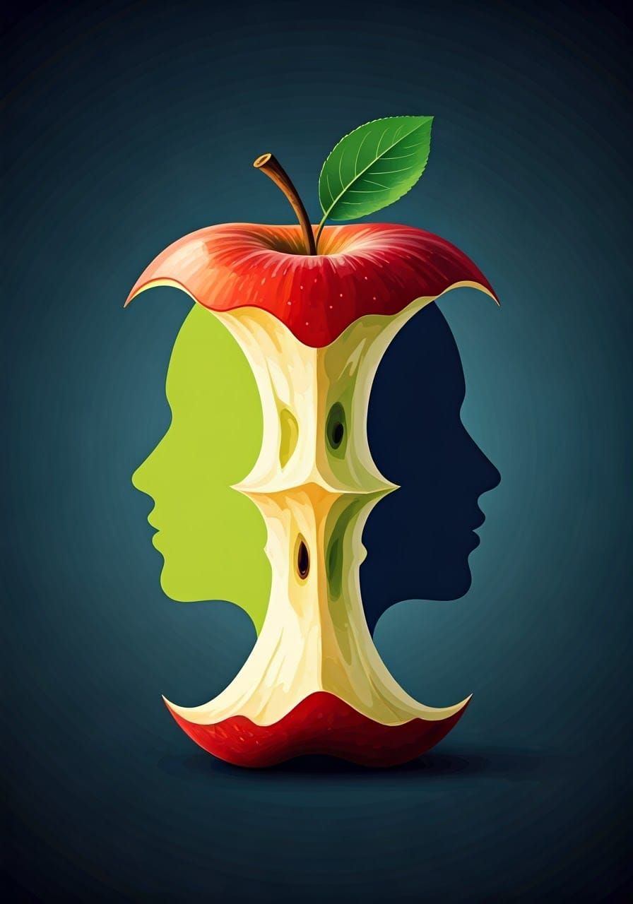Surreal Apple Core with Interconnected Faces in Profile