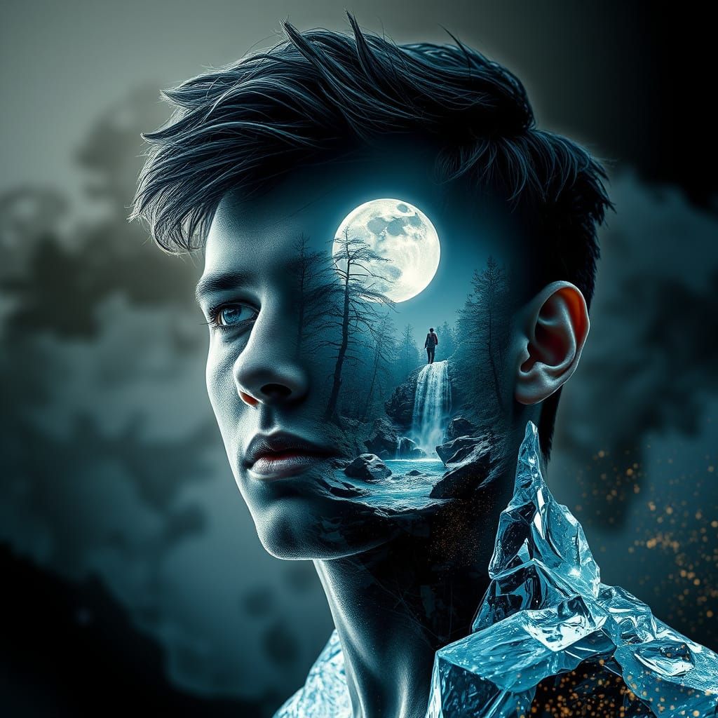 Ethereal Young Man Made of Ice and Water in a Mystical Fores...
