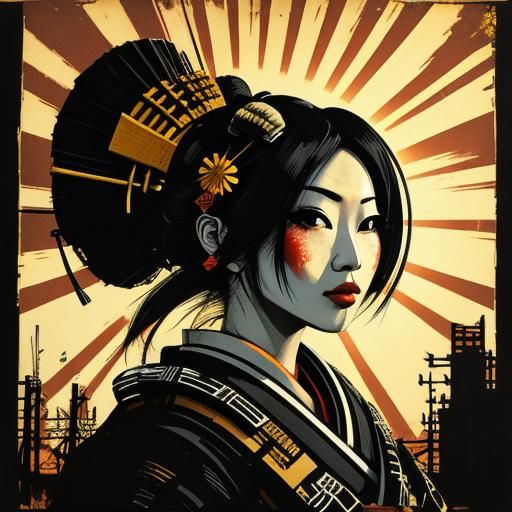 Solar Punk Geisha Monoprint in Post-Apocalyptic Setting