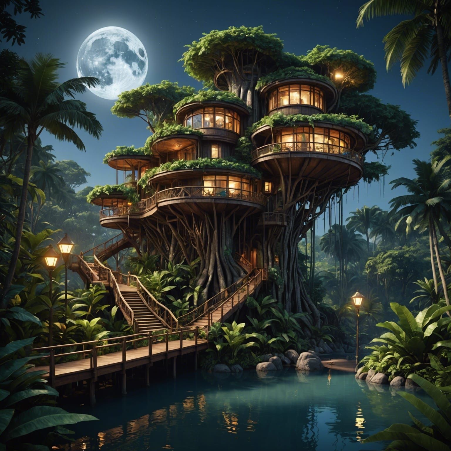 Frank Lloyd Wright Tropical Treehouse in Moonlight