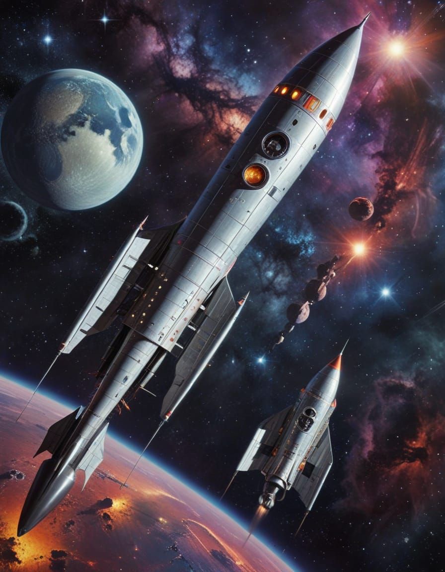 Classic Sci-Fi Rocket Soaring Through Space
