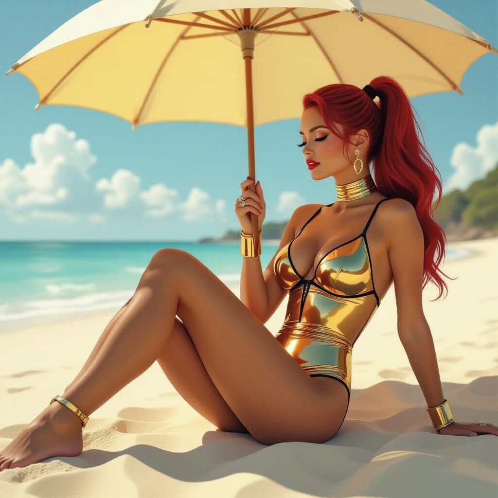 Crimson Ponytail Lounging in Editorial Fashion