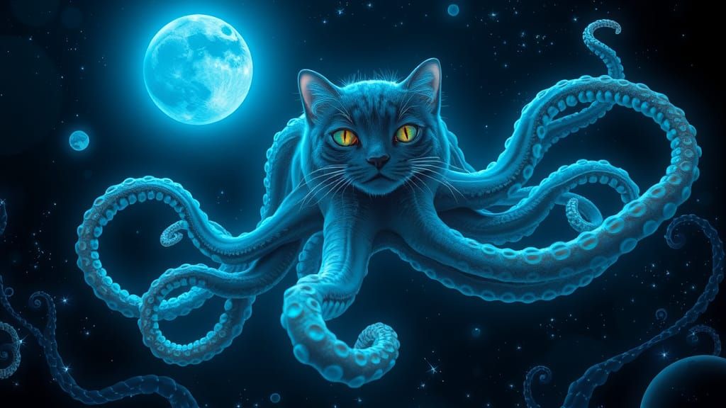 Cat-Octopus Hybrid Swims Under Bioluminescent Moon