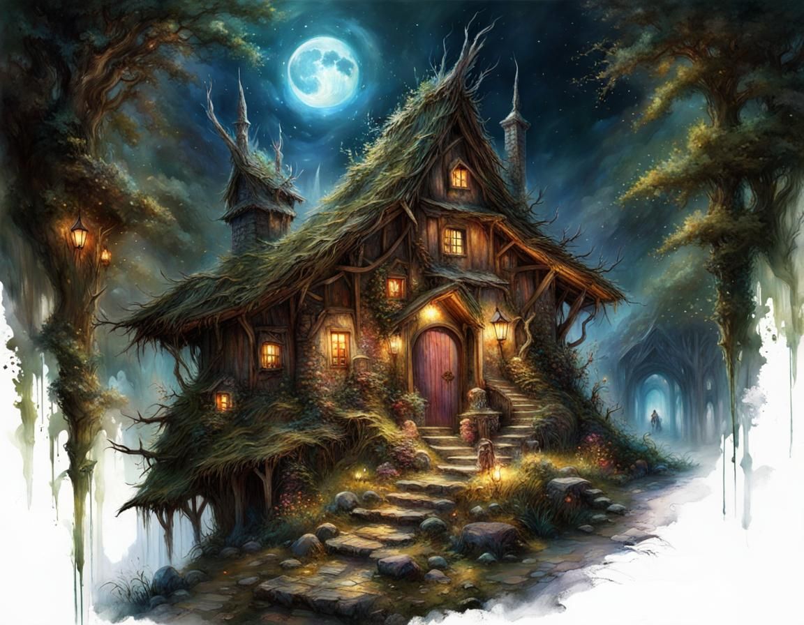 Moonlit Fairy Village with Runic Inscriptions