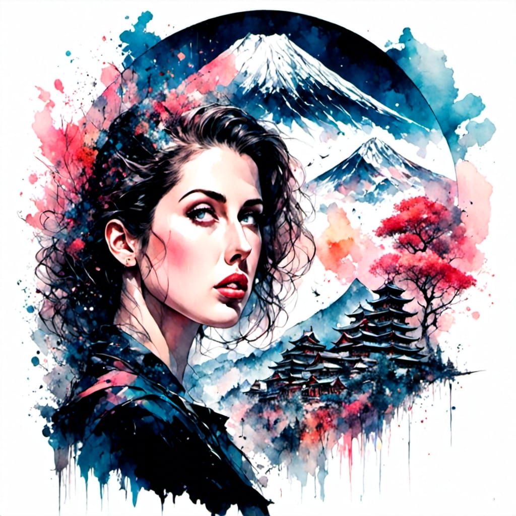 Enchanting Tokyo Double Exposure in Watercolor Style