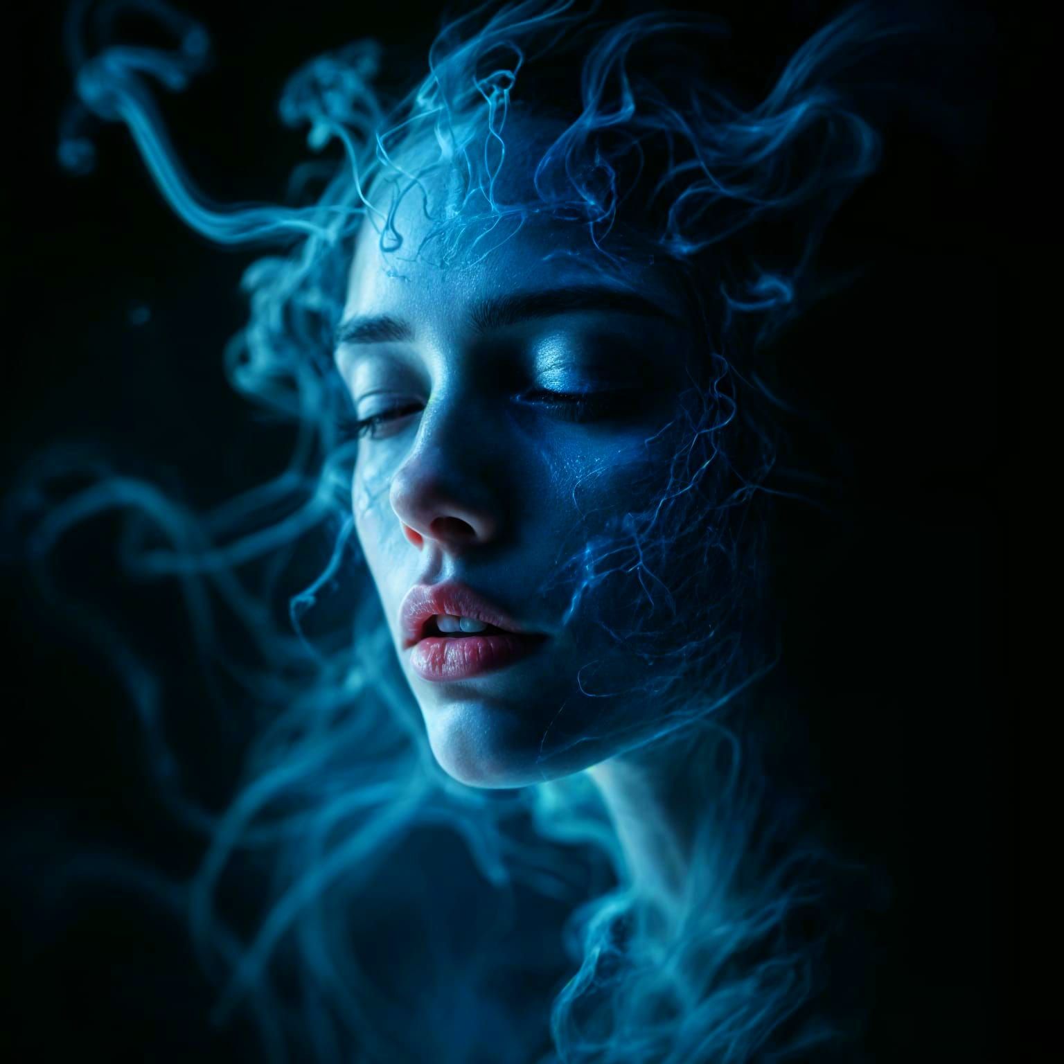 Surreal Face Portrait in Darkness with Ethereal Tendrils