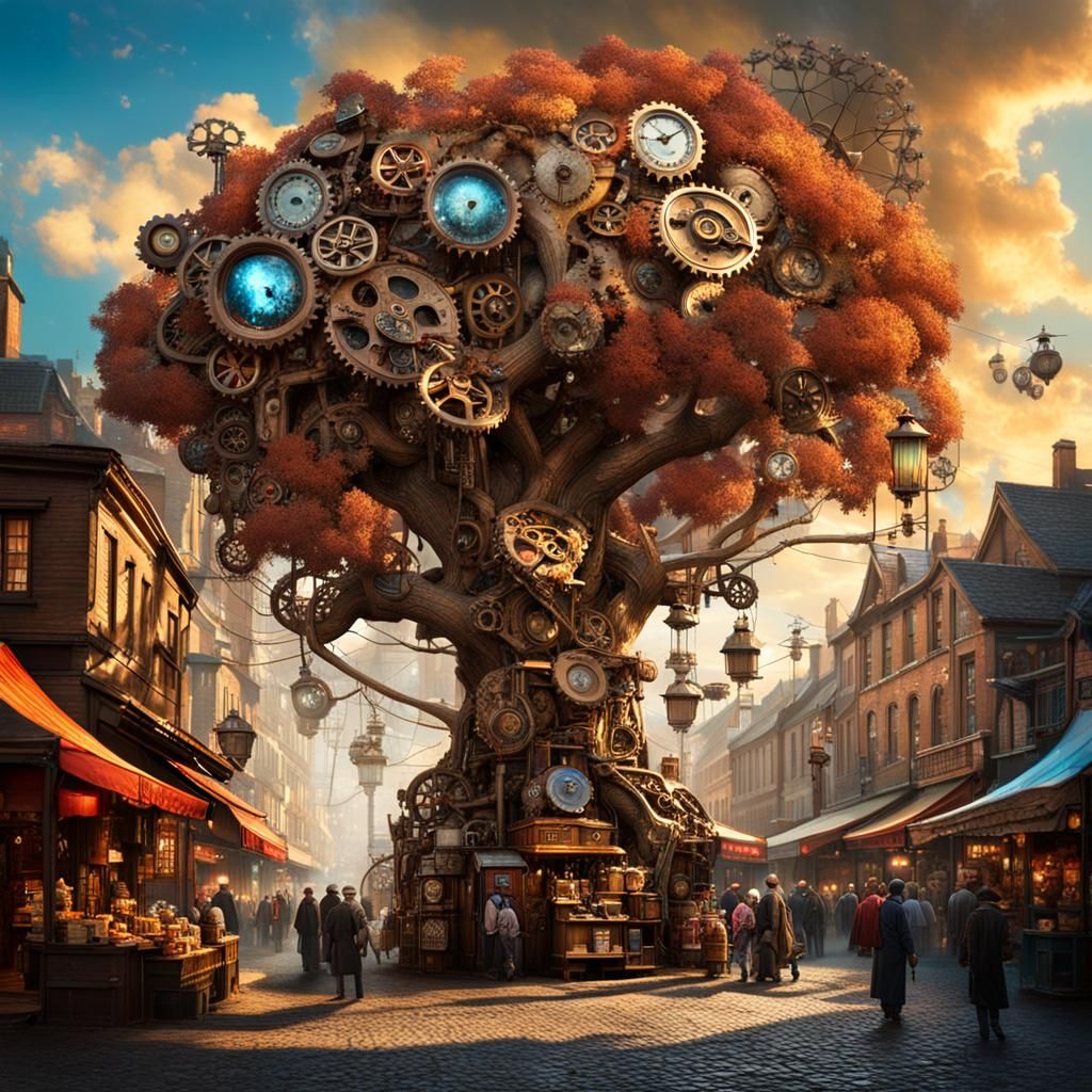 Steampunk Clockwork Tree in Alien Cityscape
