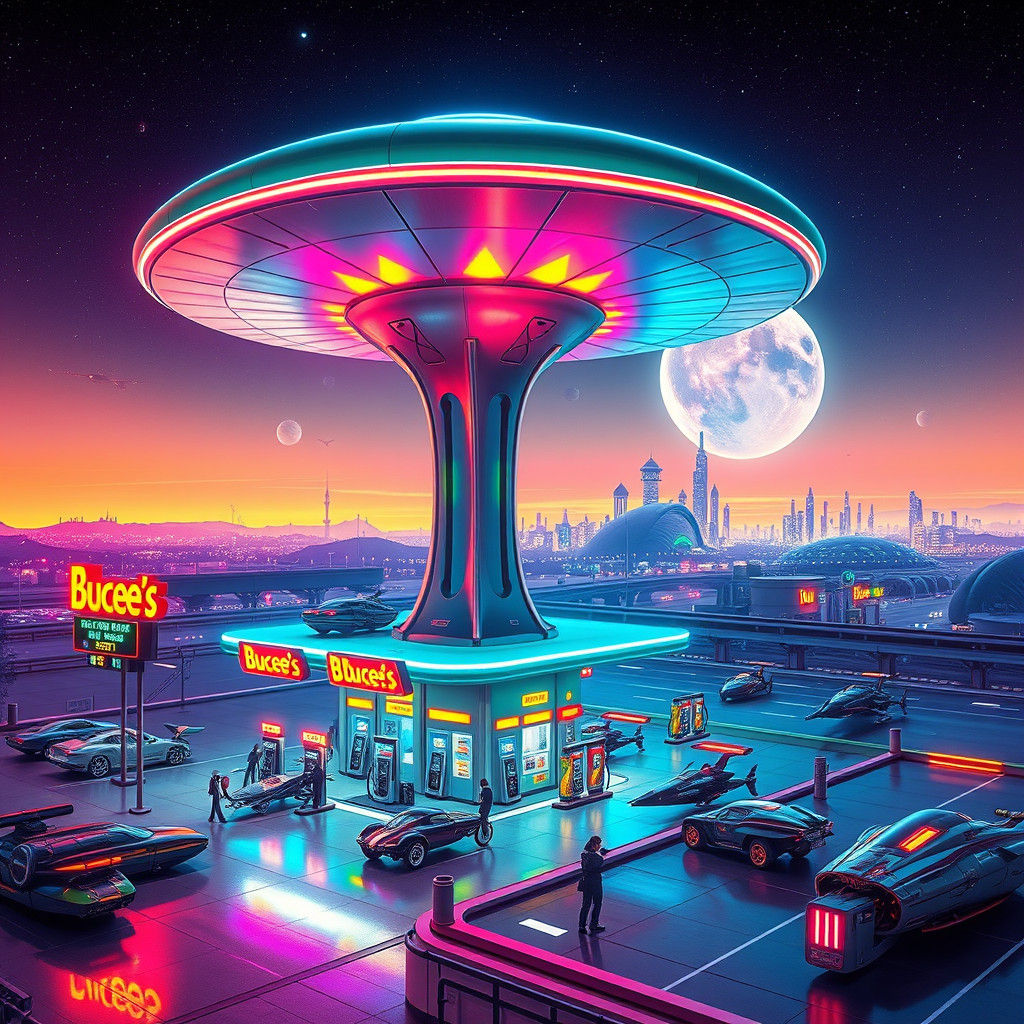 Intergalactic Fueling Station with Retrofuturistic Cityscape