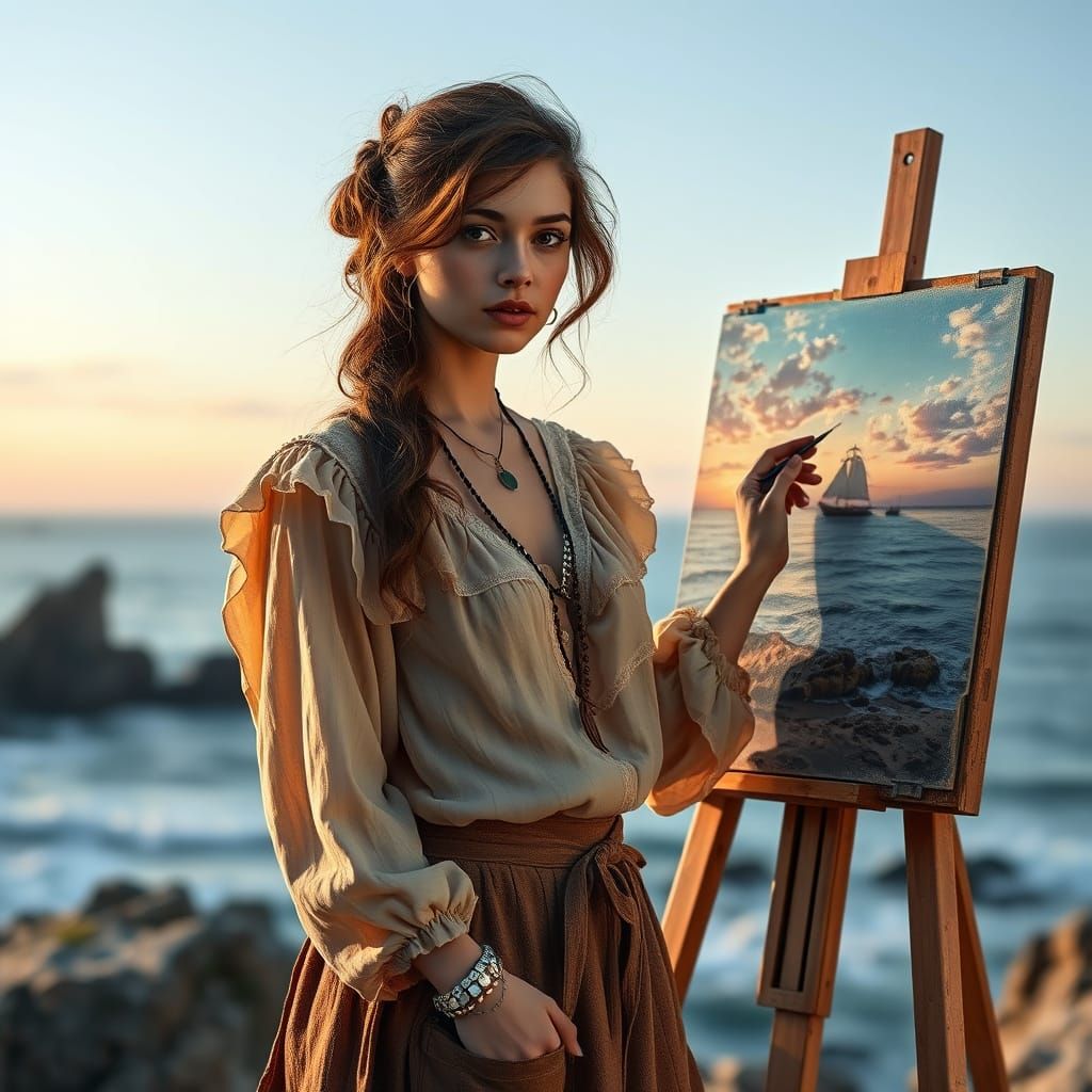 Woman Painting Seascape in Ornate Art Style