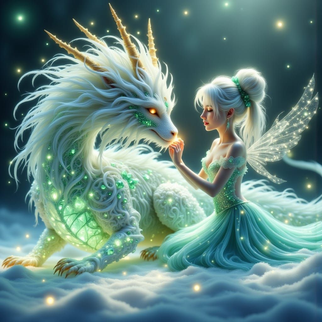Ethereal White Dragon in Glowing Emeralds and Soft Light