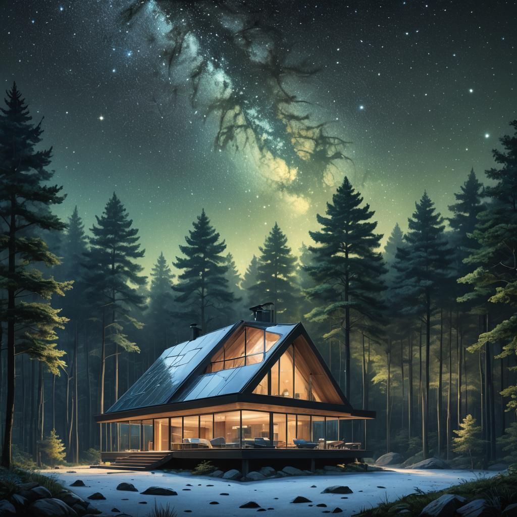Minimalist Glass Cottage Under Starry Sky