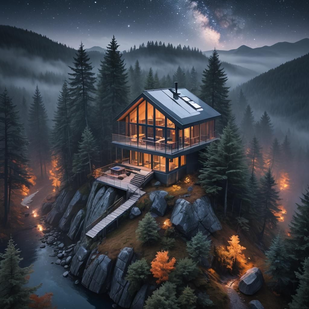 Minimalist Glass Cabin in Starry Mountain Forest