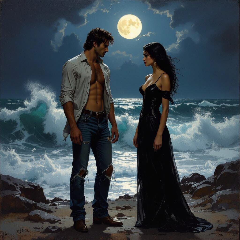 Romantic Night Scene: Tense Standoff with Crashing Waves