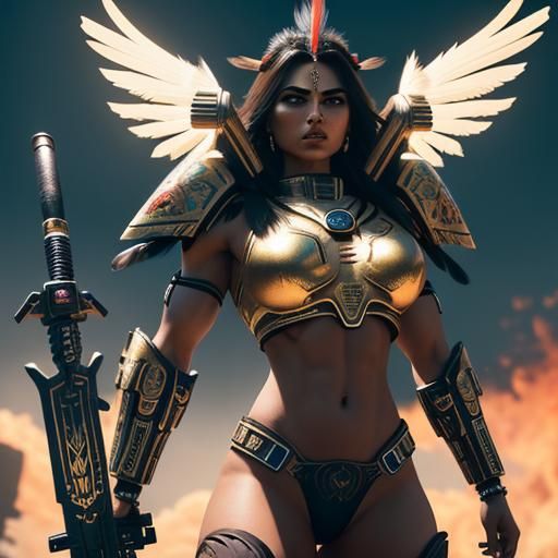 Aztec Warrior Woman with Flaming Sword in Cyberpunk Style