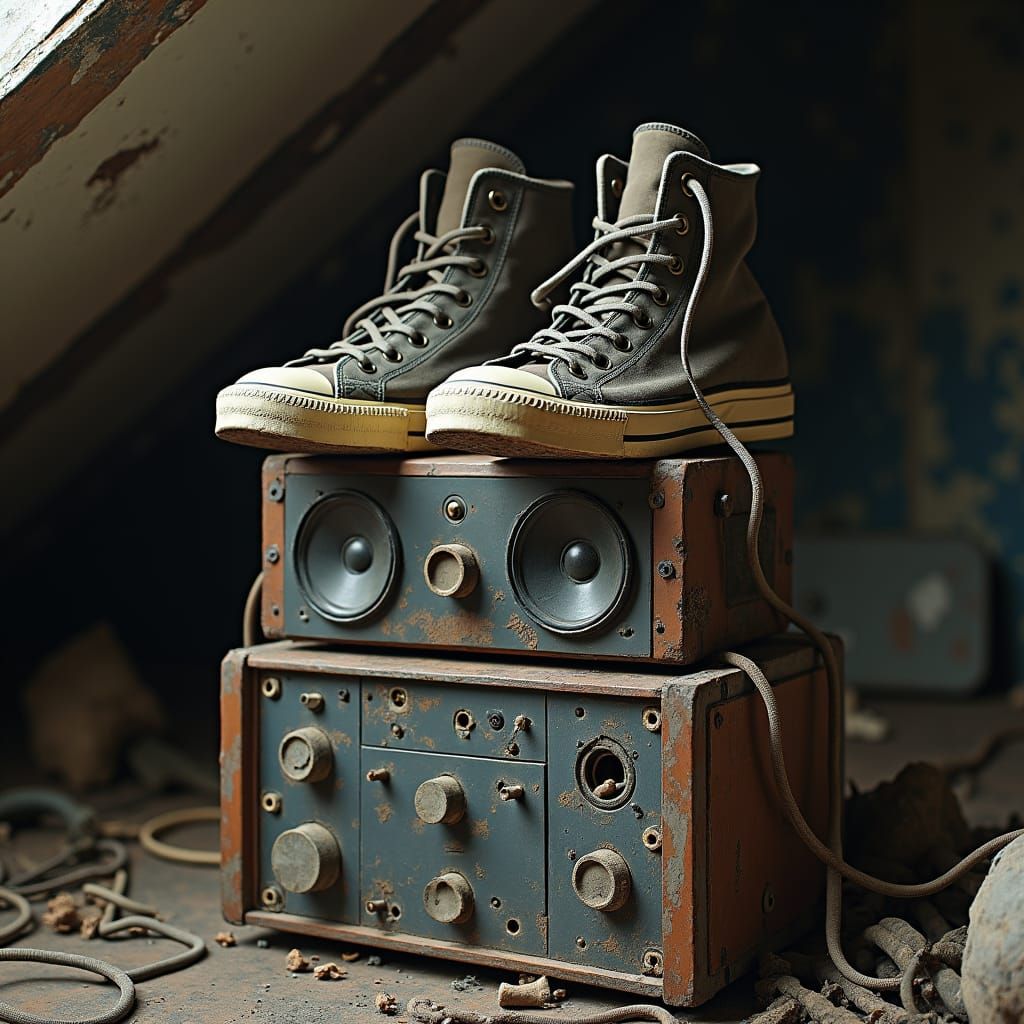 Muddy Trainers on Speakers in Grungy Attic