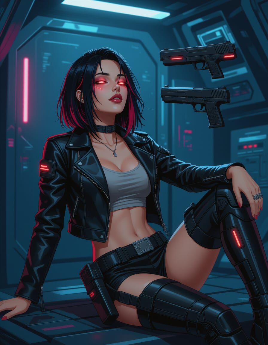 Relaxed Cyberpunk Assassin in Weapon Bay