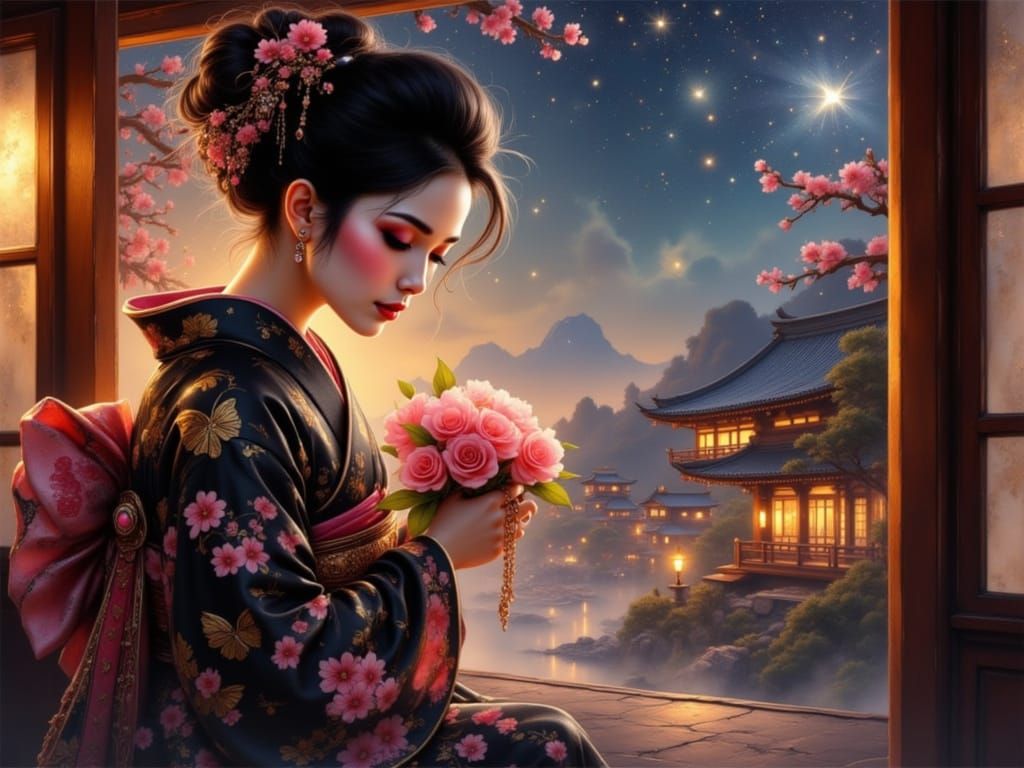Futuristic Geisha in Kimono Watching Stars