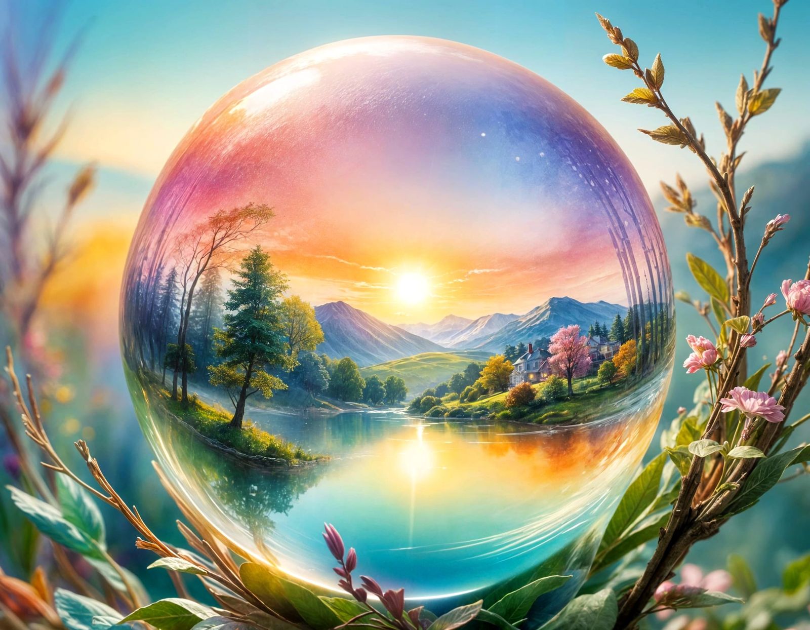 Glowing Orb Reflecting Watercolor Landscape