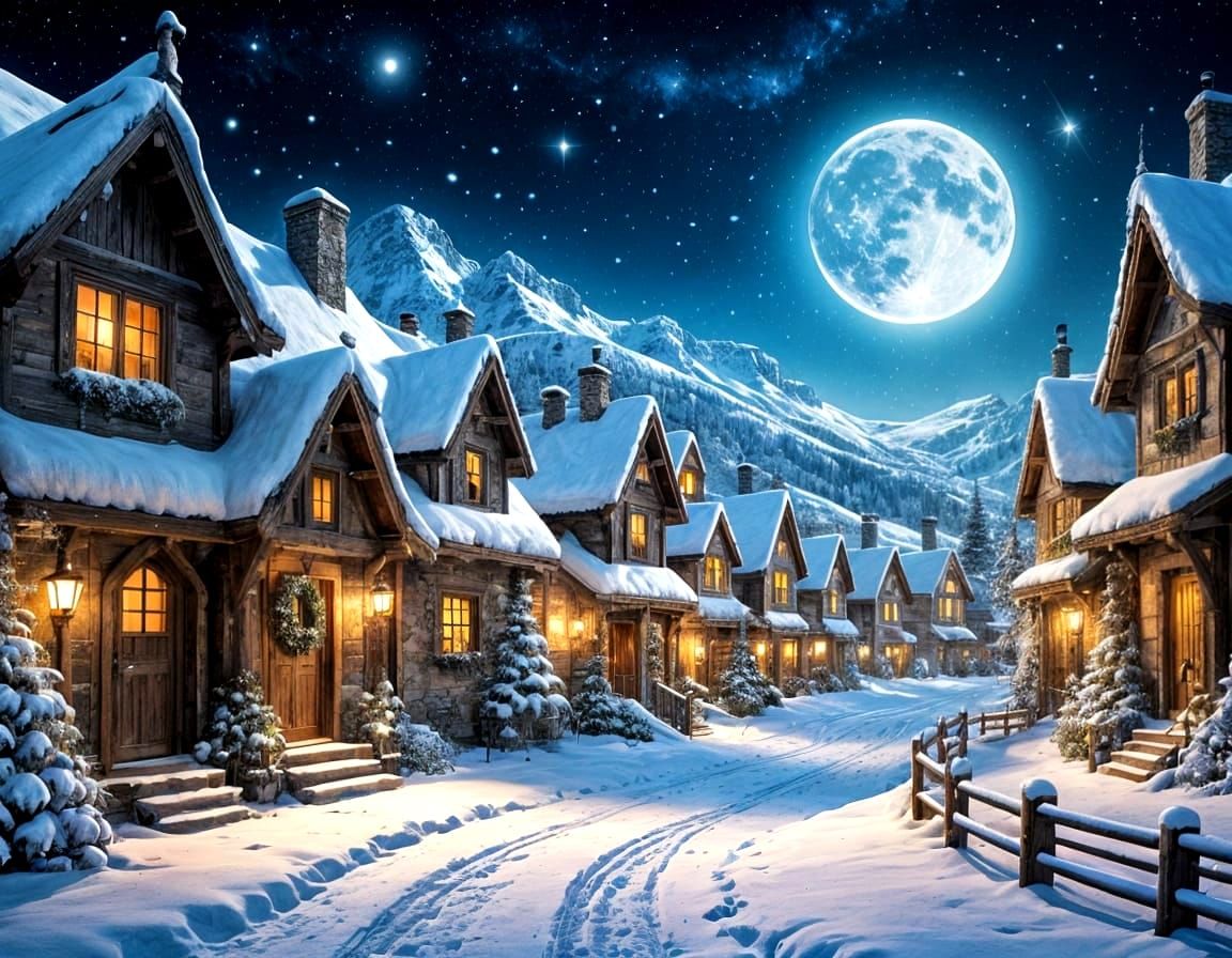 Snowy Rustic Village Under Starry Sky in Elegant Dreamscape