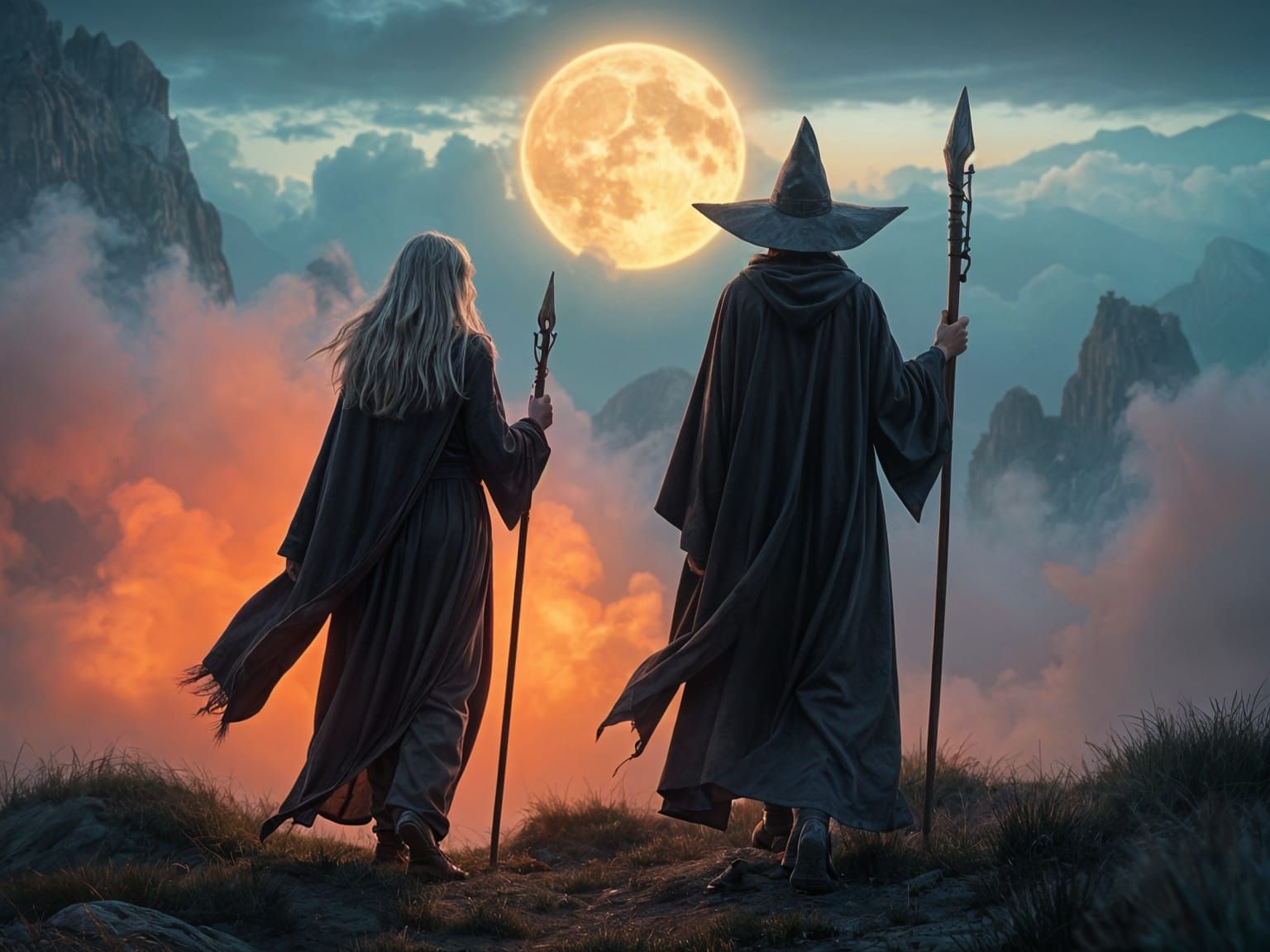 Wizards Strolling Through a Twilight Landscape
