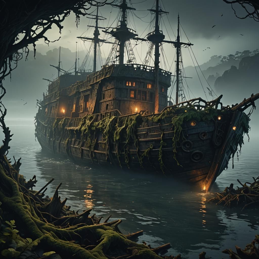 Foggy Sea: Abandoned Ship in Dark Fantasy Art
