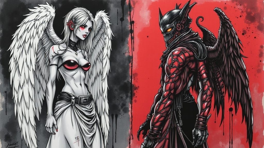 Ethereal Angel and Devil Confrontation in a Whimsical Landsc...