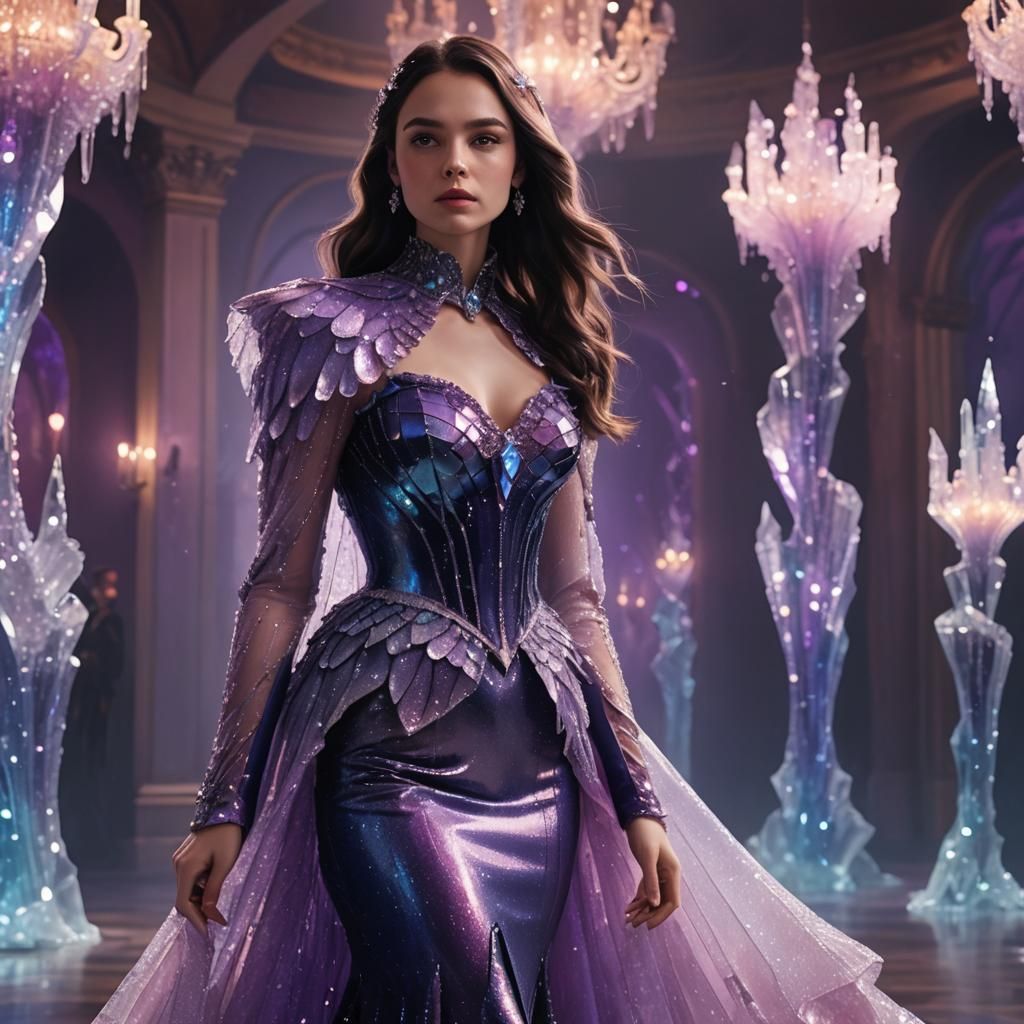 Woman in Crystalline Dress in Grand Ballroom