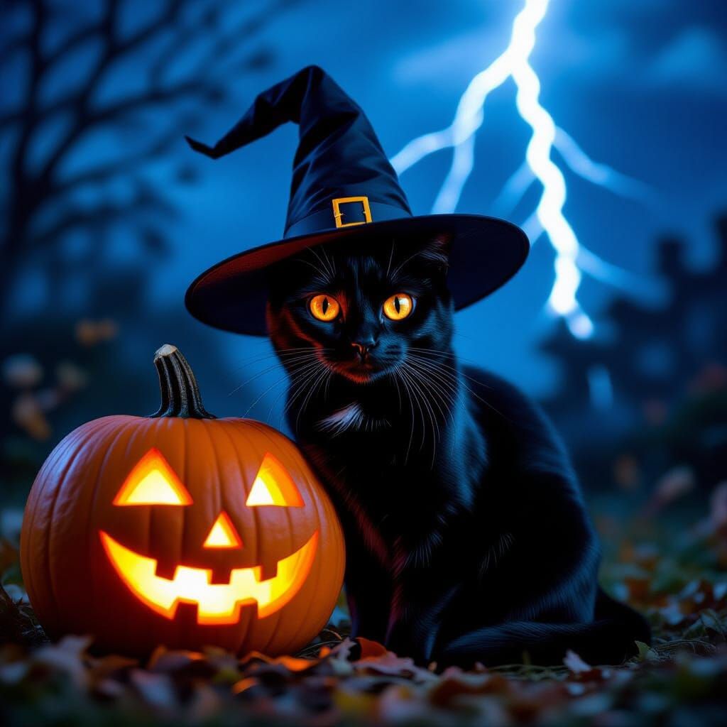 Black Cat Witch with Jack-o'-Lantern, Hyperrealistic Style