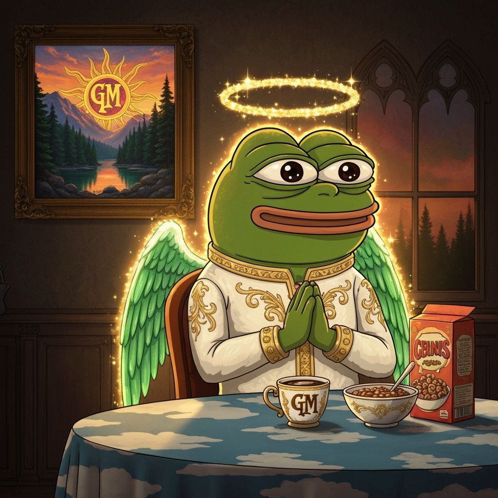 Cartoon Angel Pepe Frog in Gothic Kitchen