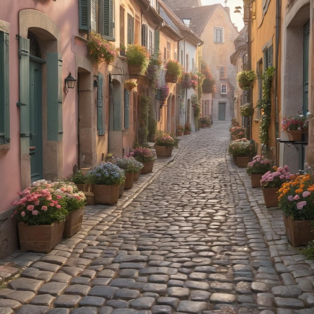 Cobblestone Street in Pastel European Village