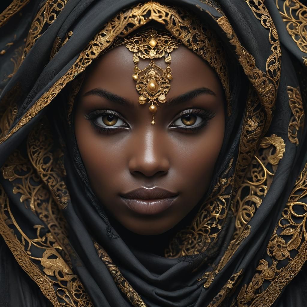 Gorgeous Woman in Intricate Lace Hijab, Rococo Style