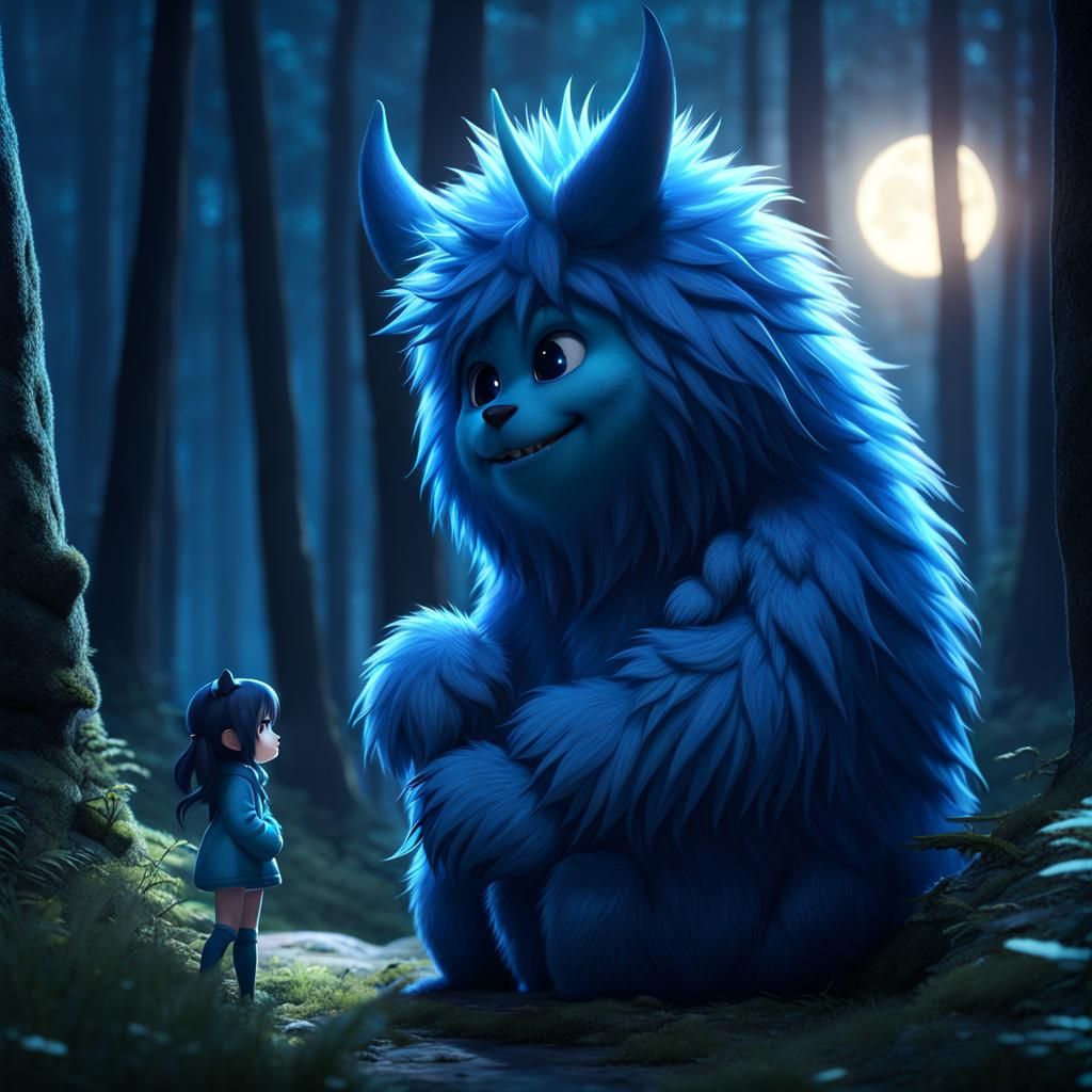 Cute Furry Monster Hug in Moonlight, Kawaii Anime