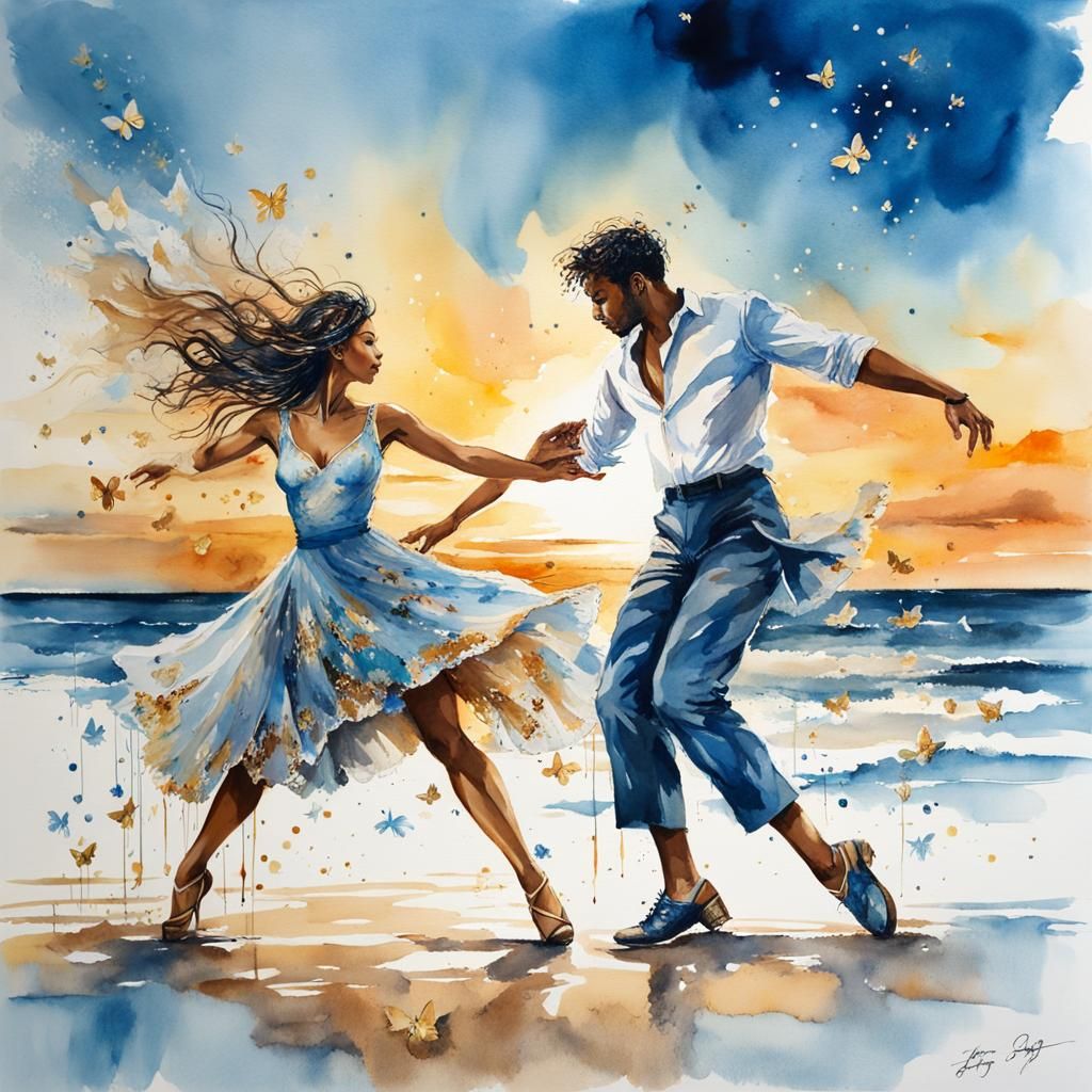 Lindy Hop Dancers at Sunset: Watercolor Beach Scene