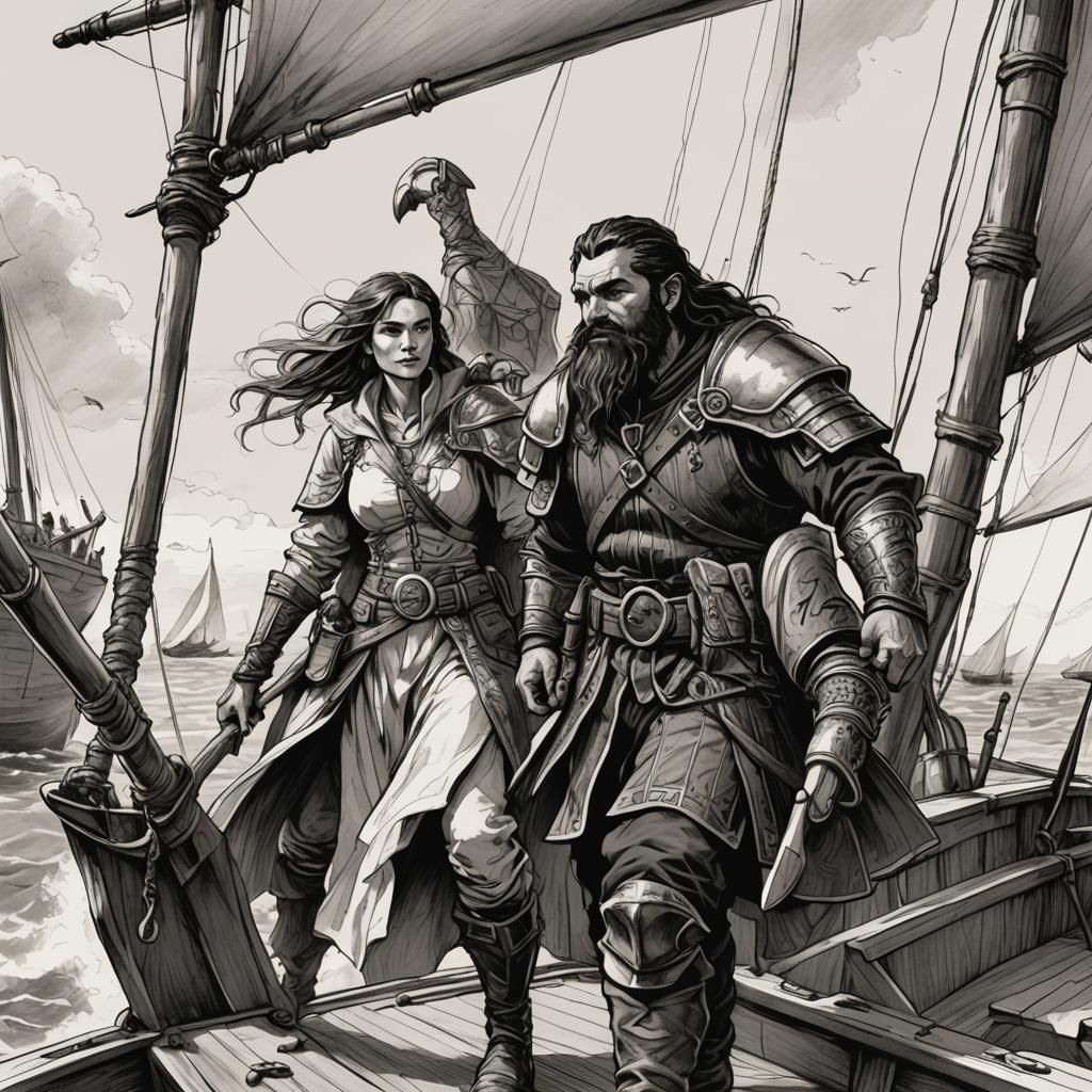 Ink Sketch of Adventurers on a Sailboat