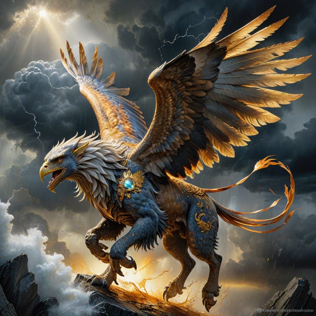 Griffin Soaring Through Stormy Sky in Watercolor Style