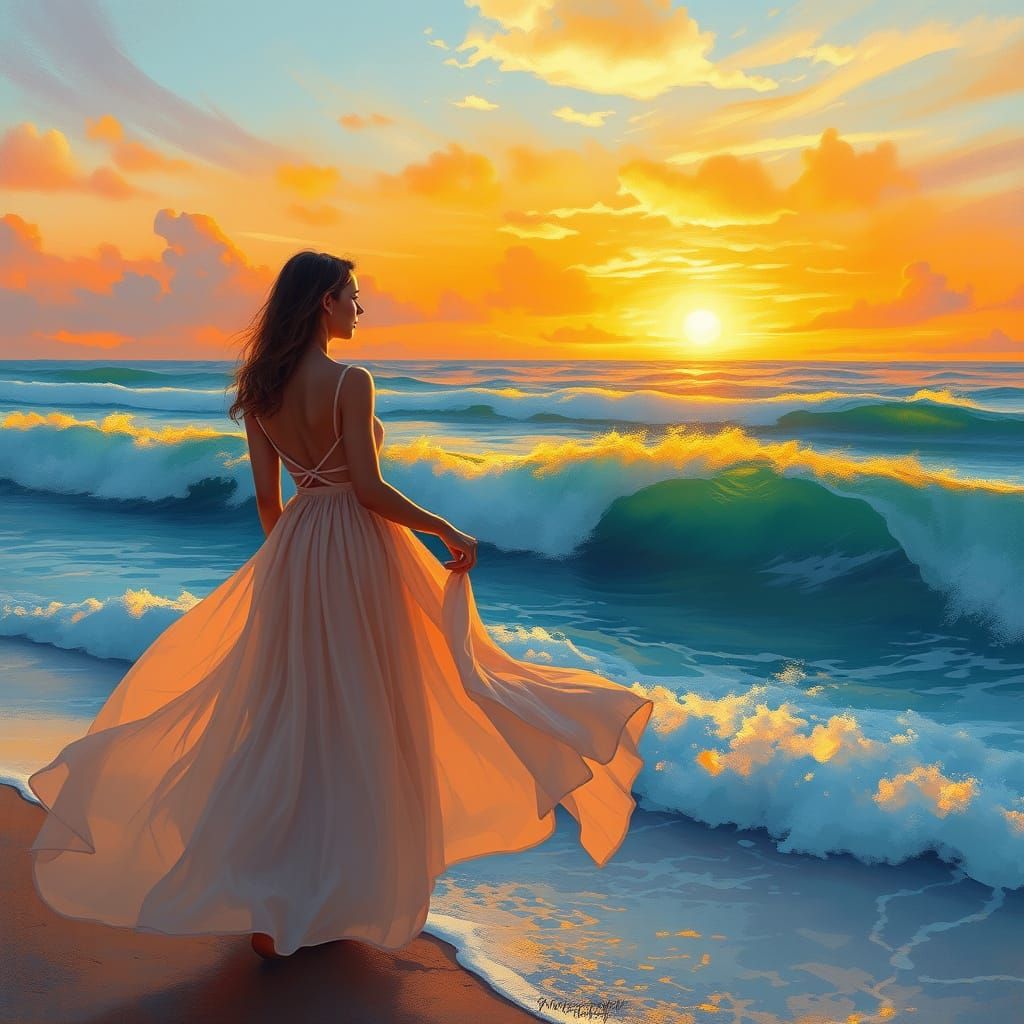 Woman Standing at the Shoreline in a Dreamy Sunset Landscape