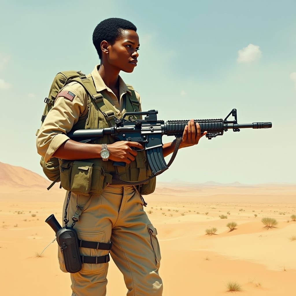 African American Female Marine in Desert Combat Gear, M60 Ma...