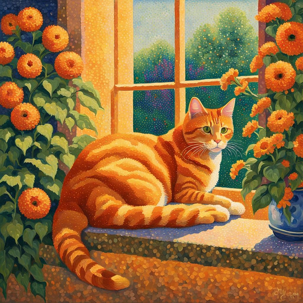 Ginger Cat in Pointillist Garden: Seurat Style